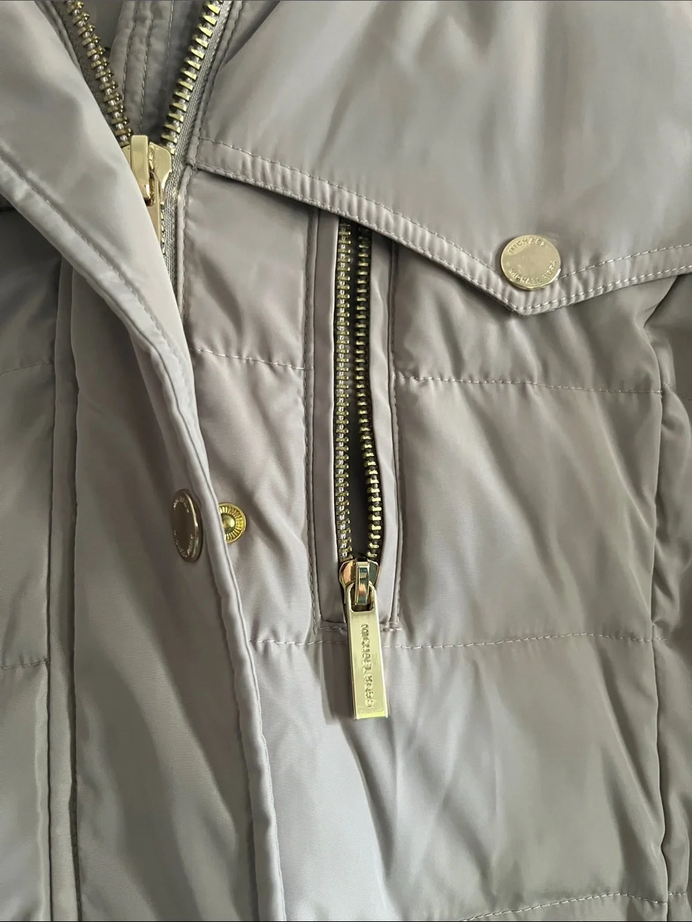Michael Kors Gray Quilted Hooded Puffer Coat with Faux Fur Trim